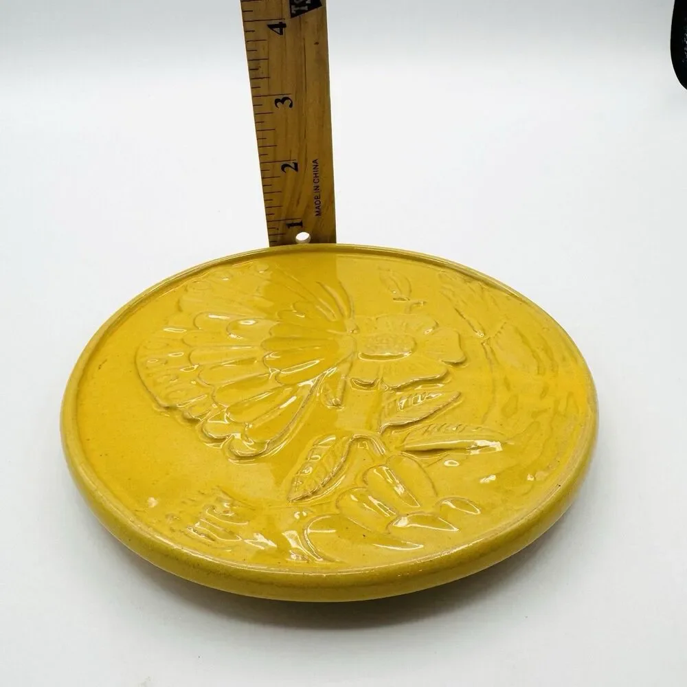 FRANKOMA Art Pottery BUTTERFLY Trivet Ceramic yellow Round Footed Hot Plate